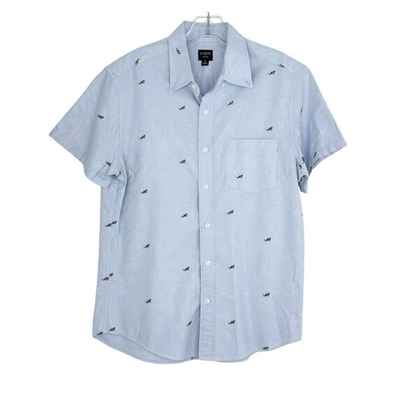 J. Crew Flex Men’s Blue Great White Shark Print Short Sleeve Shirt Small - Picture 1 of 16